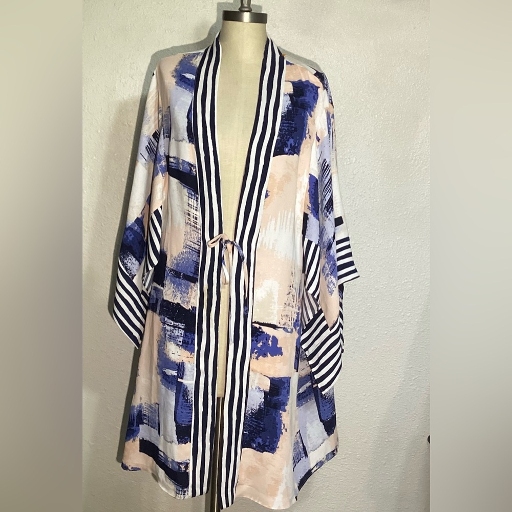 Chico’s womens Abstract Blue and Beige Kimono Cardigan size 12